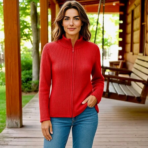 Eddie Bauer Zip Close Orange Cardigan Ribbed Sweater NEW - Picture 2 of 9